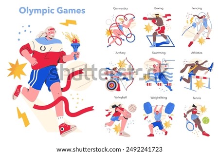 Sports set concept. Dynamic illustration showcasing diverse sports, from boxing to swimming, celebrating athletic prowess. Vector illustration.