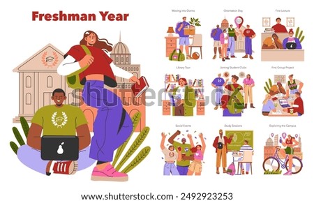 Freshman Year set. New college experiences from dorm life to classroom settings. Campus orientation, social activities, and study sessions. Vector illustration.