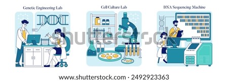 Biotechnology set. Researchers work in labs on genetic engineering, cell culture, and DNA sequencing. Science innovation and discovery. Vector illustration.