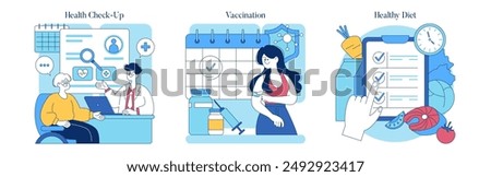 Health Prevention set. Regular medical check-up, vaccination scheduling, and maintaining a healthy diet. Essential aspects of proactive healthcare management. Vector illustration.