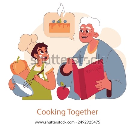 Grandparents Day concept. Joyful grandmother and grandchild share a cooking moment with a recipe book. Family bonding over baking. Vector illustration.