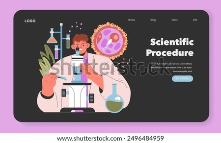 Scientific website landing page illustration featuring a researcher using a microscope with lab equipment. Digital learning and innovation in science. Vector illustration.