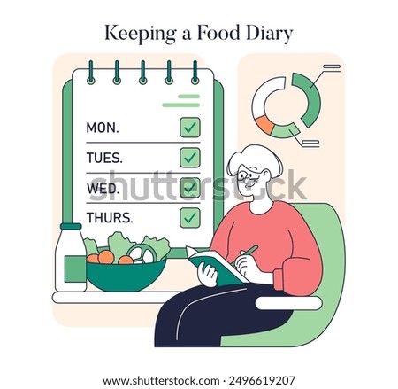 Low Histamine Diet concept. A person monitors dietary intake using a food journal to manage histamine levels. Nutritional planning and tracking for better health. Vector illustration.