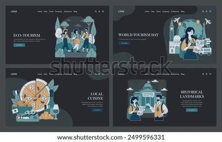 World Tourism Day set. Planning, accessibility, and virtual exploration of global destinations. Enabling travel for all, online world tours. Vector illustration.