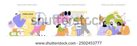 Global market expansion set. Illustrations depict compliance, market research, and cross-cultural team interactions. Captures nuances of international business dynamics. Vector illustration.