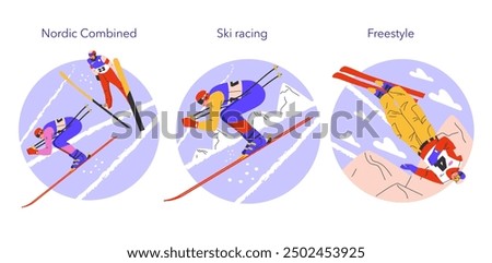 Winter Sports set. Dynamic scenes of Nordic Combined, Ski Racing, and Freestyle skiing amid snowy slopes. Athletes' agility and precision vividly captured in action. Vector illustration.