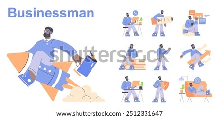 Businessman set. Modern professional in various work situations. Office tasks, successful startup launch, reading, and strategizing. Vector illustration.