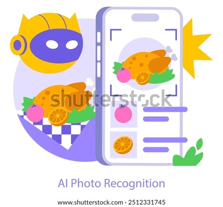 Mobile AI Photo Recognition concept. An intelligent system identifies food items on a smartphone screen. Artificial intelligence parsing images. Vector illustration.