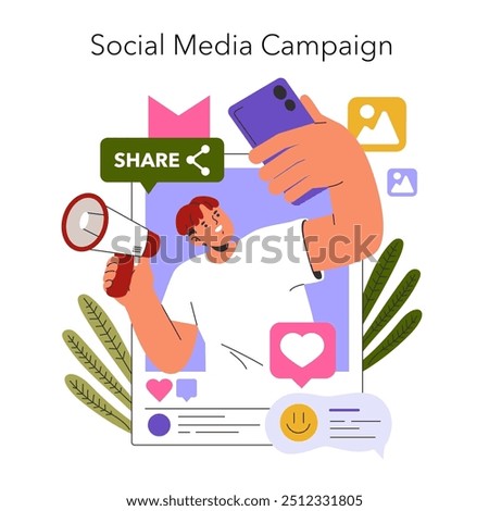 Social Media Campaign concept. Engaging content promotion with shareable posts, likes and online interactions. Digital marketing strategies and audience engagement. Vector illustration.