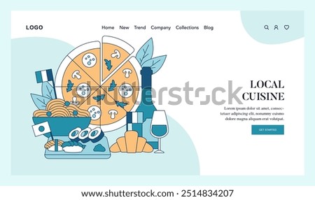 World Cuisine Day concept. Travelers exploring diverse flavors enjoys authentic local dishes, fresh pastries and wine. Culinary tourism promotion. Vector illustration.