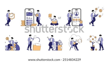 Business man set. Various financial activities and digital banking tasks performed. Wealth management, mobile transactions, and investment growth. Vector illustration.