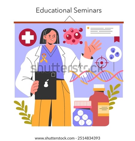 Childhood Cancer Awareness Month concept. Doctor presenting at a seminar on oncology with medical symbols. Educational healthcare events. Vector illustration.