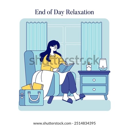 Teacher's relaxation time illustration. Comfortable reading nook with a content educator unwinding after school hours. Vector illustration.