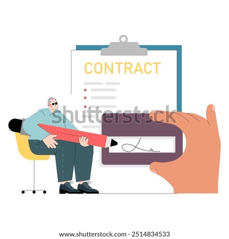 Business agreement concept. A businessman watches as a giant hand uses a pen to sign a contract. Corporate deal finalization illustration. Vector illustration.