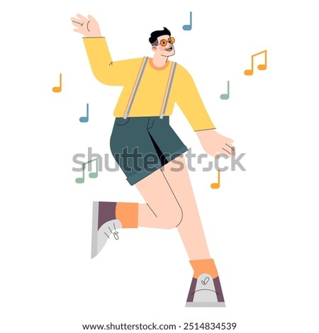 Diversity businessman concept. A cheerful, dancing male figure with suspenders radiates positivity. Music notes add a playful mood. Vector illustration.