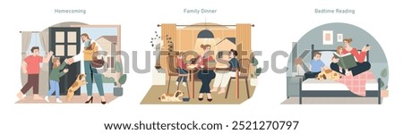 Family routine set. Tender moments from homecoming to bedtime stories. Welcoming arrival, sharing a meal, and enjoying a tale. Vector illustration.