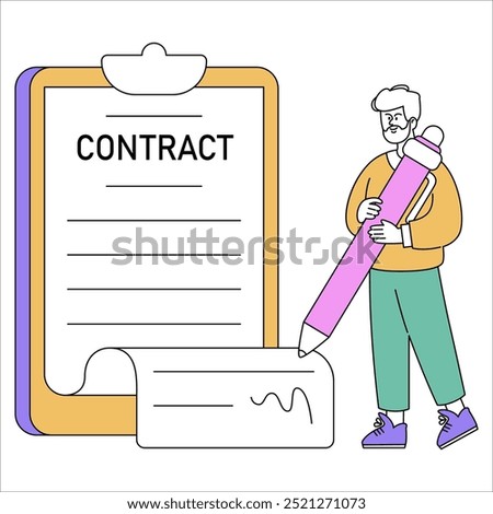 Businessman signing a contract concept. Animated professional finalizing a deal with a giant pen. Agreement conclusion representation. Vector illustration.