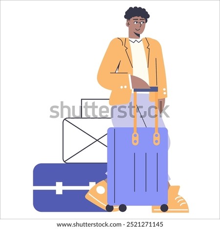 Diversity businessman concept. Illustration of an African American entrepreneur prepared for a business trip with luggage. Professional travel readiness. Vector illustration.