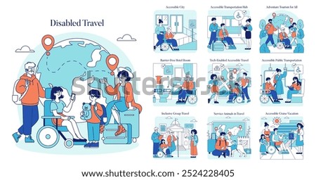 Disabled Travel set. Inclusive travel options for individuals with disabilities. Illustrating accessibility in cities, hotels, and transportation. Vector illustration.