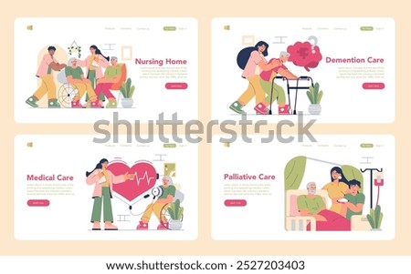 Elderly Care set. Assistance for seniors in various healthcare settings. Caregivers with aged patients, promoting wellbeing and comfort. Vector illustration.