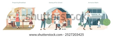 Medical professional's daily routine set. Starting with a family breakfast, a school send-off, ending with work at the hospital. Vector illustration.