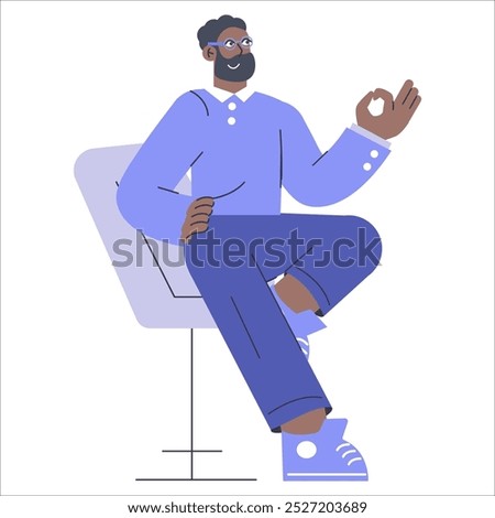 Confident businessman making positive gesture. Multicultural leadership and success concept. Professional male character in casual attire. Vector illustration.