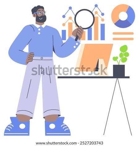 Analyzing Data concept. A businessman scrutinizes charts and data with a magnifying glass, demonstrating business analysis and strategy. Vector illustration.