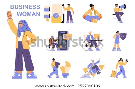 Business Woman set. Professional female characters in diverse scenarios and roles. Leadership, communication, task management, and innovation. Vector illustration.