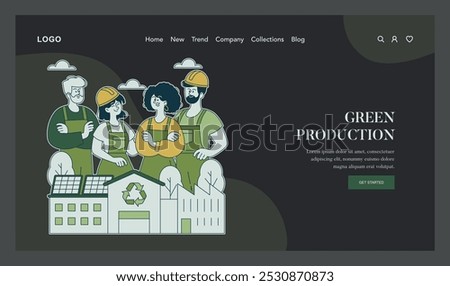 Eco Friendly Fashion concept. Sustainable apparel production with a focus on renewable energy and recycling. Workers in a green factory setting. Vector illustration.