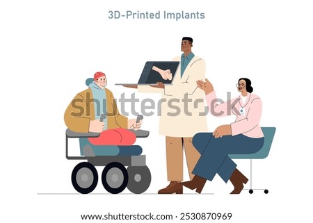 Patient-centric care illustration reflecting a doctor explaining 3D-printed implants to an elderly patient in a wheelchair with an assistant listening. Vector illustration.