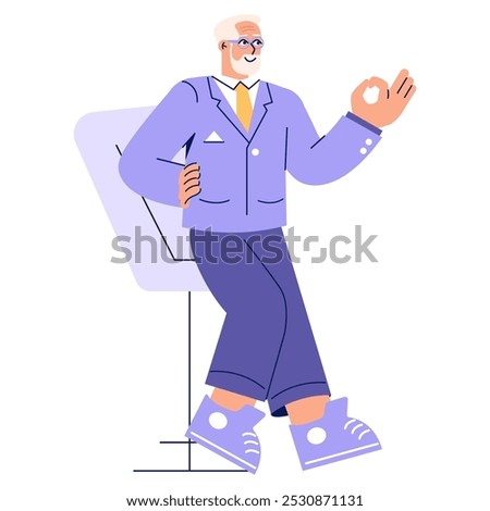 Senior businessman concept. Confident elder executive giving approval with an okay gesture. Leadership and experience in professional attire. Vector illustration.