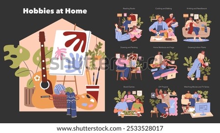 Hobbies at Home set. Illustration of people enjoying leisure activities like reading, cooking, and crafting indoors. Captures cozy domestic moments. Vector illustration.