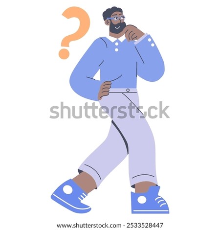 Businessman concept. Pensive man in casual attire with a question mark, symbolizing decision making. Character pondering choices in business context. Vector illustration.