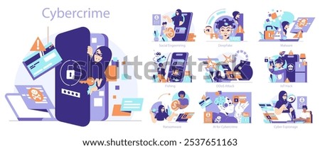 Cybercrime concept. Illustration of various cyber threats like phishing, malware, and social engineering. Digital security risks visualized. Vector illustration.