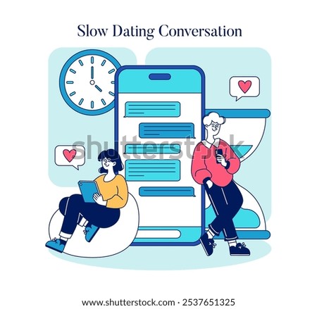 Online Dating concept. Two people engage in a slow dating conversation through a messaging app. Casual communication with potential matches. Vector illustration.