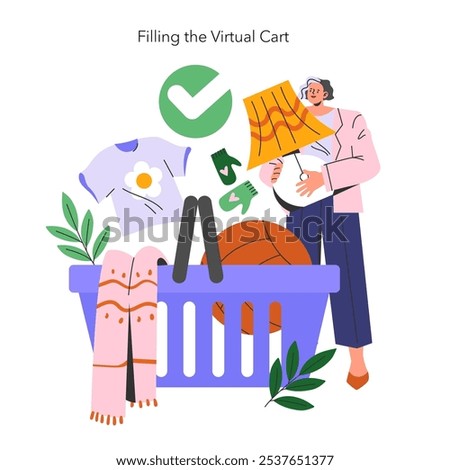 Cyber Monday shopping spree concept. Person loading various items into a virtual cart, symbolizing online sales and deals. Colorful digital consumerism. Vector illustration.