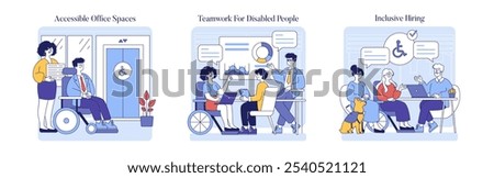 Inclusion in Workplace set. Representing accessibility and diversity at work. Office adaptation for disabled employees, collaborative environments, equitable recruitment. Vector illustration.