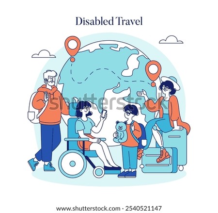 Disabled Travel concept. Inclusive tourism with group of friends, one using a wheelchair, planning a global trip. Adventure, accessibility, and companionship. Vector illustration.