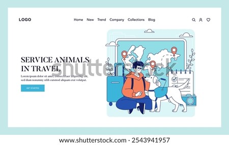 Service Animals in Travel concept. Disabled individual with service dog preparing for a journey, showing inclusivity in vacations. Vector illustration.