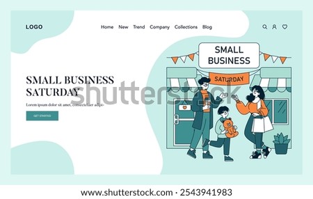 Small Business Saturday concept. People shopping at local store, supporting community commerce. Festive mood, family activity. Vector illustration.