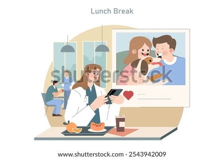 Medical professional on lunch break enjoys a moment of relaxation, video calling loved ones with their pet. Vector illustration.