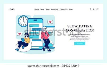 Online dating concept. Two people engage in thoughtful messaging over a dating app, promoting deep connections. Leisure, communication, modern relationship. Vector illustration.