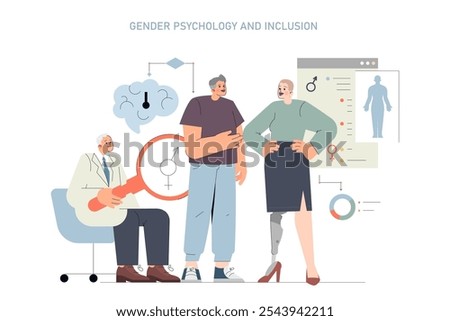 Gender psychology and inclusion concept. Diverse characters engage in dialogue, exploring identity and expression. Illustration on acceptance and equality in society. Vector illustration.