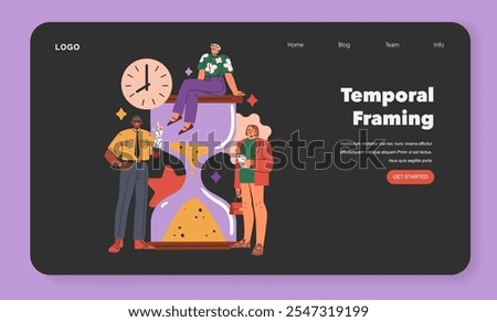 Cognitive Framing concept. Illustration of diverse professionals around a large hourglass, representing time management and efficiency. Vector illustration.