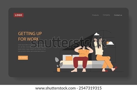 Morning Routine concept. Illustration of a couple waking up and stretching, preparing for the workday ahead. Daily life, healthy start, partnership. Vector illustration.