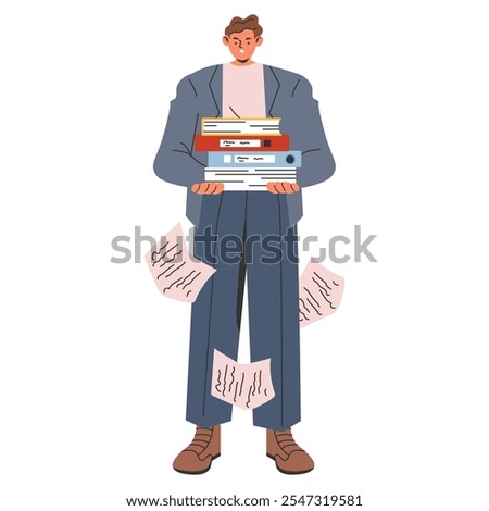 Businessman concept. An overwhelmed office worker juggling a pile of documents, balancing the challenges of a busy workday. Vector illustration.