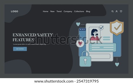 Online dating security concept. Enhanced safety features in matchmaking apps. Trust badges, privacy locks, and profile verification. Vector illustration.