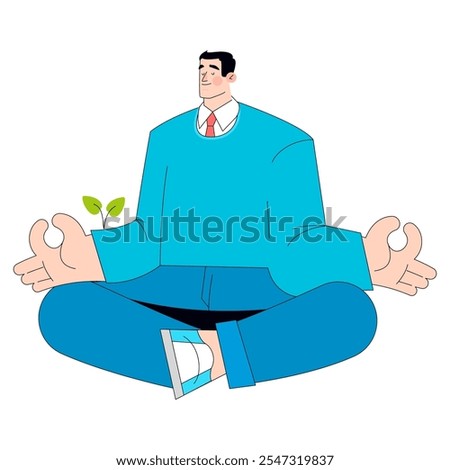 Mindful business concept. A serene businessman meditates with a plant growing nearby, embodying balance between work and well-being. Vector illustration.