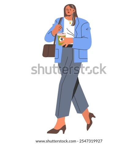 Confident businesswoman walking with coffee and briefcase. Professional female in smart casual attire, ready for workday challenges. Vector illustration.