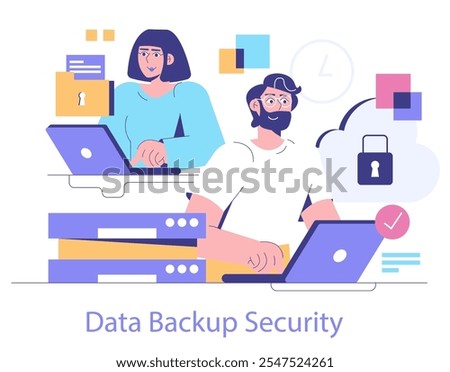 Data Backup Security concept. Two professionals securing data with cloud technology. Modern encryption and database protection. Vector illustration.